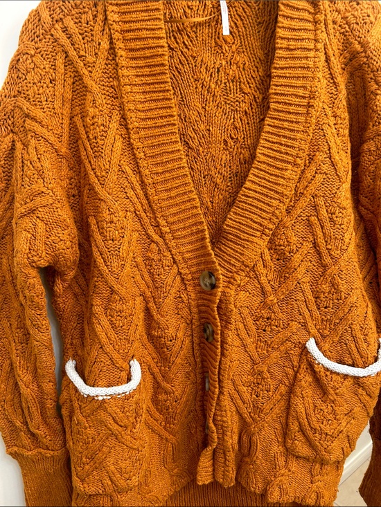 Free People Sweaters - Free People Chunky Cable Knit Cardigan - Pumpkin Orange with Cream Trim
